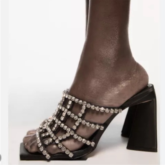 NEW! Zara Boho Black Heeled Mules With Rhinestones. EU37. - Picture 2 of 12